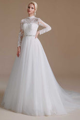 White Lace High Collar Long Sleeves A-Line Wedding Dress